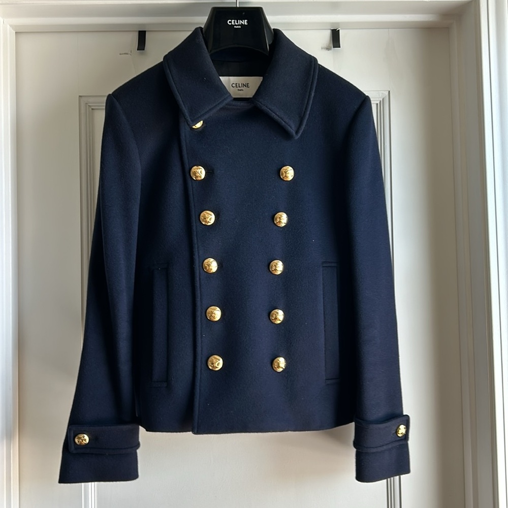 Authentic CELINE NWT current $3950 navy “chelsea”  pea coat jacket size 36